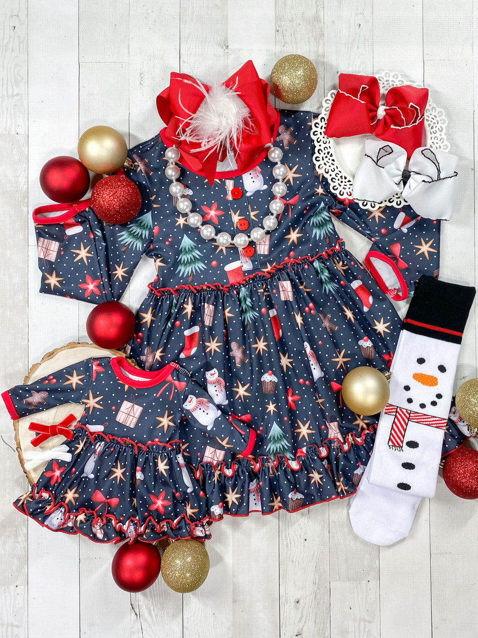 Dress pictured with matching doll dress