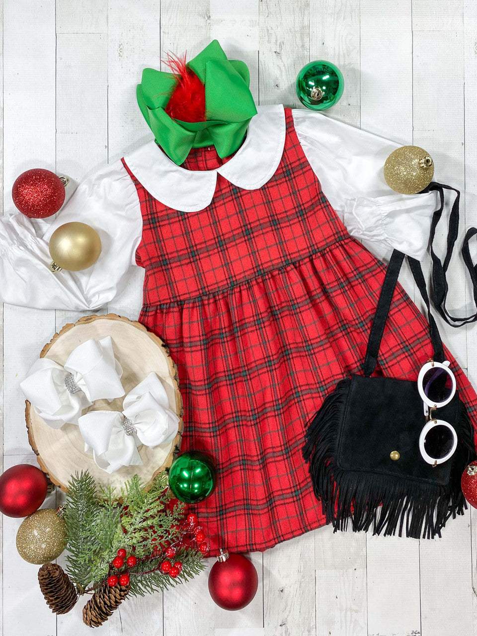 Classic red plaid dress with a white collar and sleeves