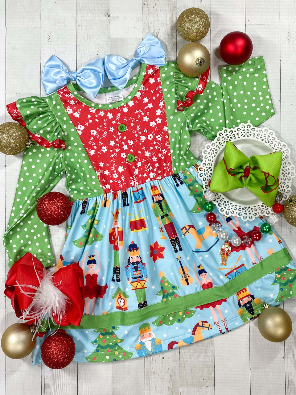 Polka dot nutcracker mixed fabric ruffle dress