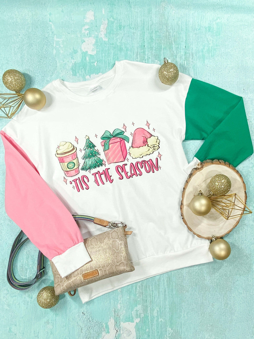 'Tis the Season digital graphic on a white bodice with one pink and one green sleeve - Moms