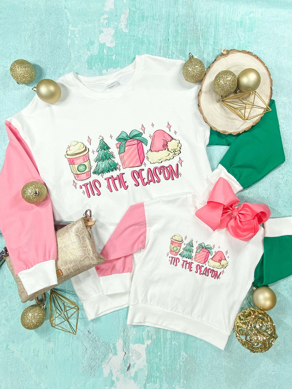 Mommy & Me 'Tis the Season digital graphic on a white bodice with one pink and one green sleeve