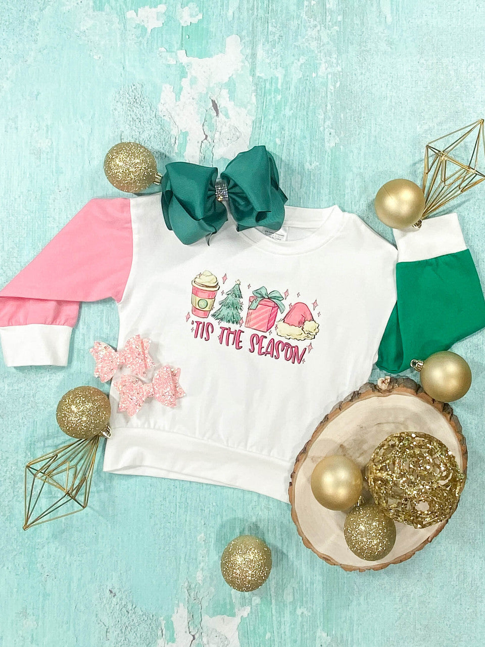 'Tis the Season digital graphic on a white bodice with one pink and one green sleeve - Girls