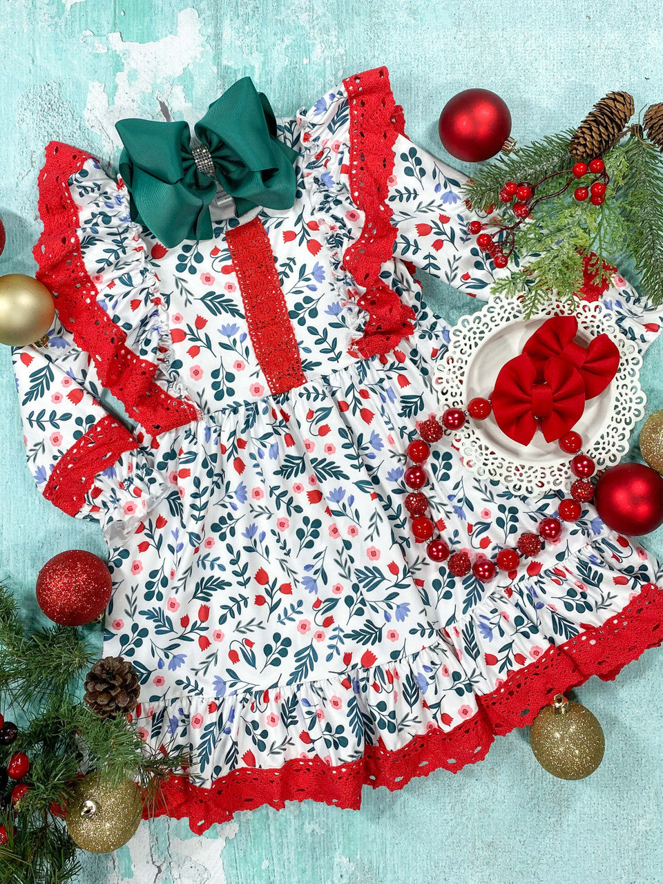 Long sleeve dress in a holly berry fabric with red lace trim 