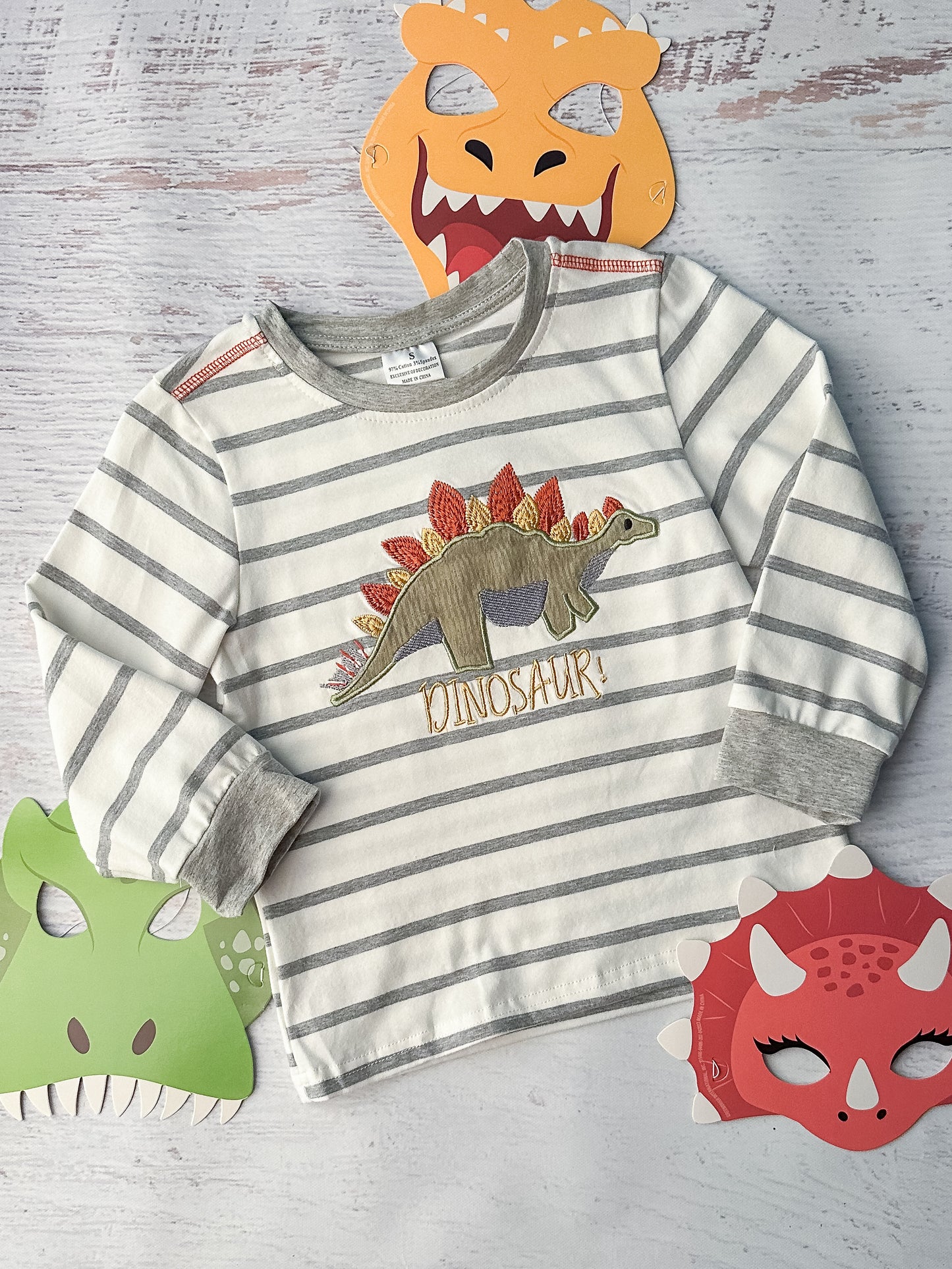 Dinosaur and Grey Stripes Boy's Long Sleeve Top