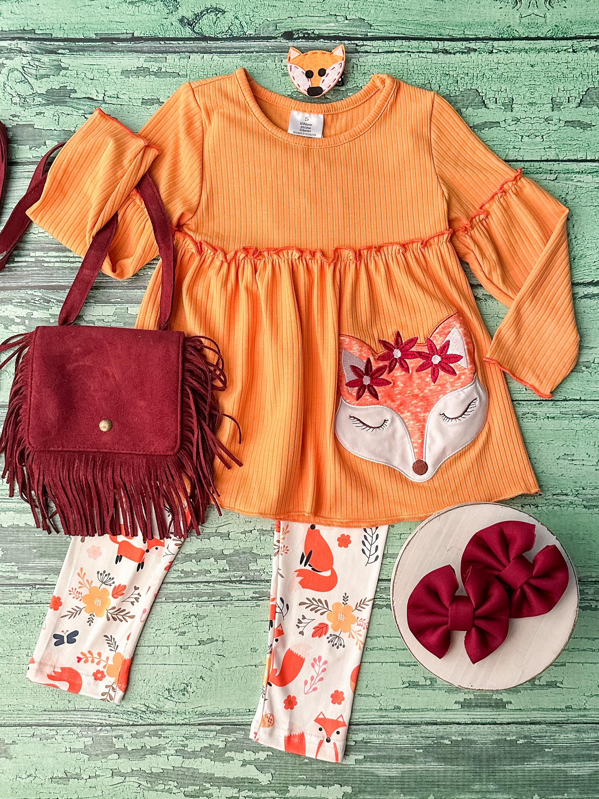 Orange top with fox applique and flox print pants