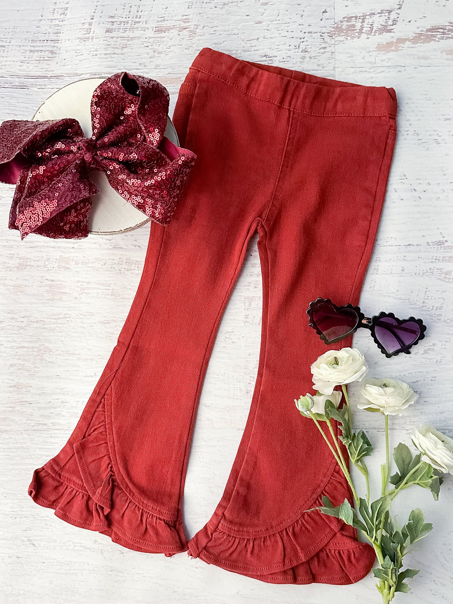 Rustic Red Ruffle Jeans