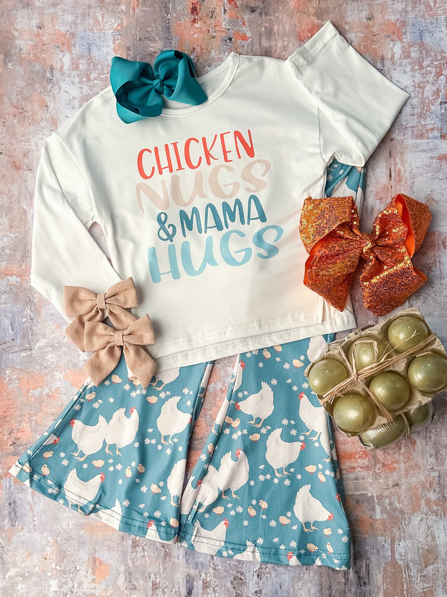 Chicken nugs and mama hugs tee & chicken print bell bottoms