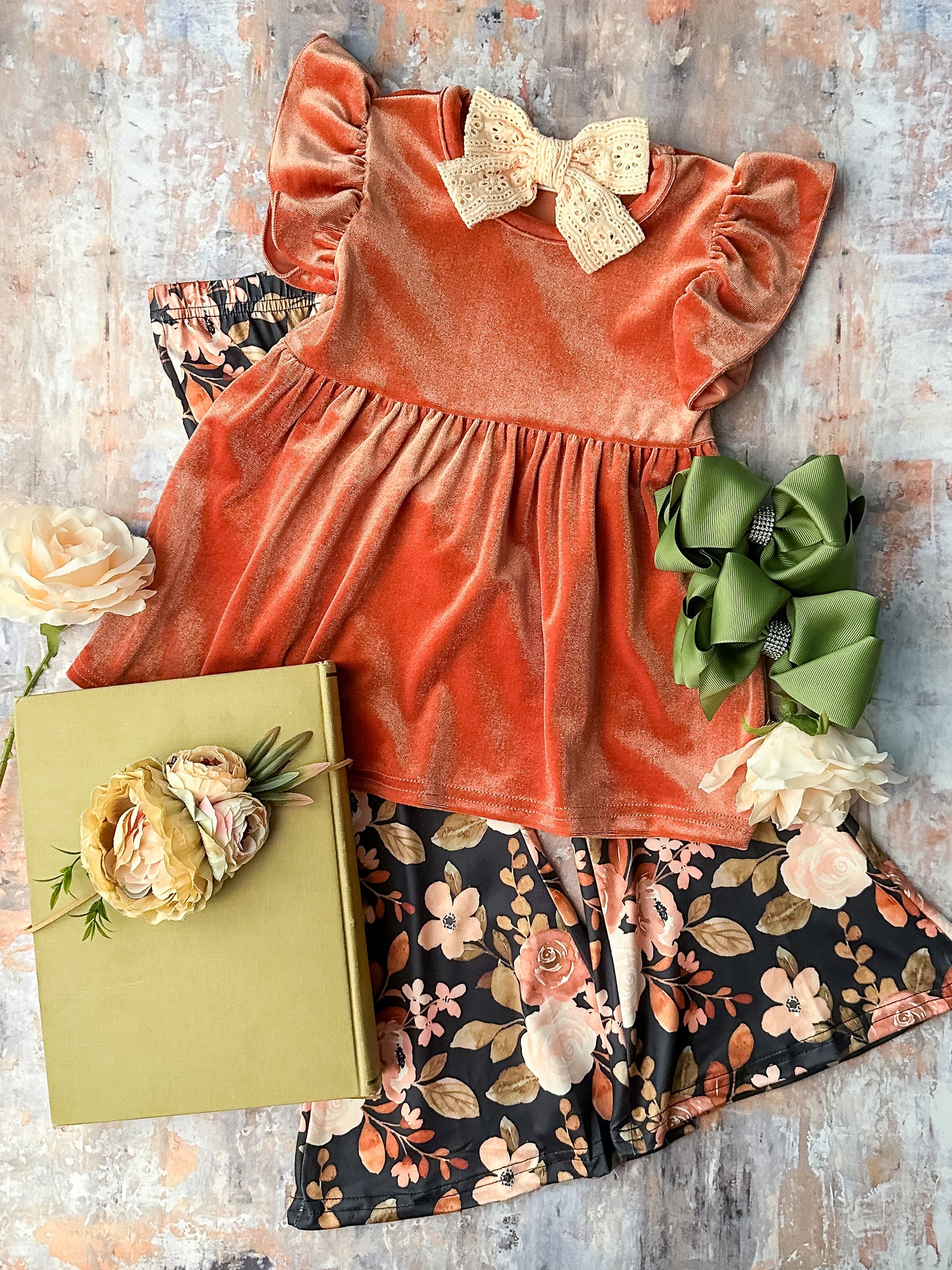 Classy Velvet top in orange with floral bell bottoms