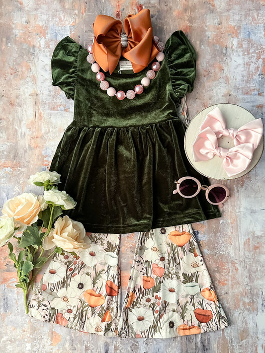 green velvet top and floral pants set