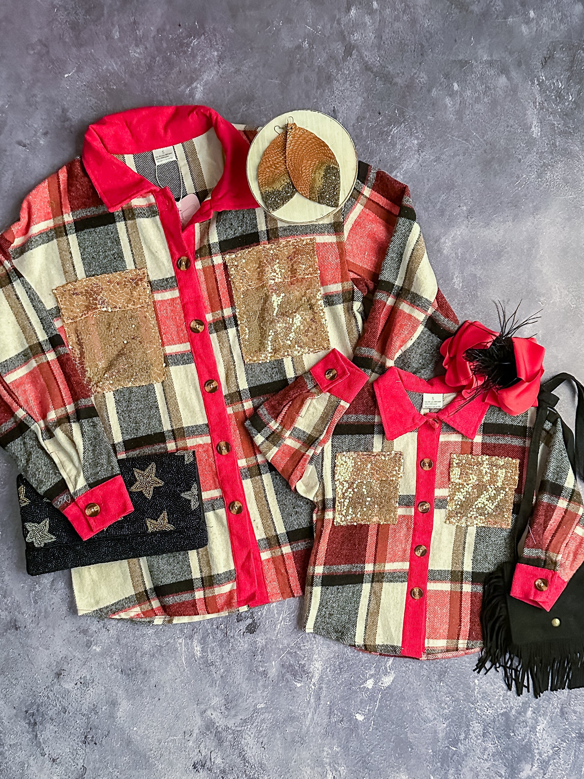 Matching mommy & me red plaid, long sleeve, button down shackets with sequin pockets