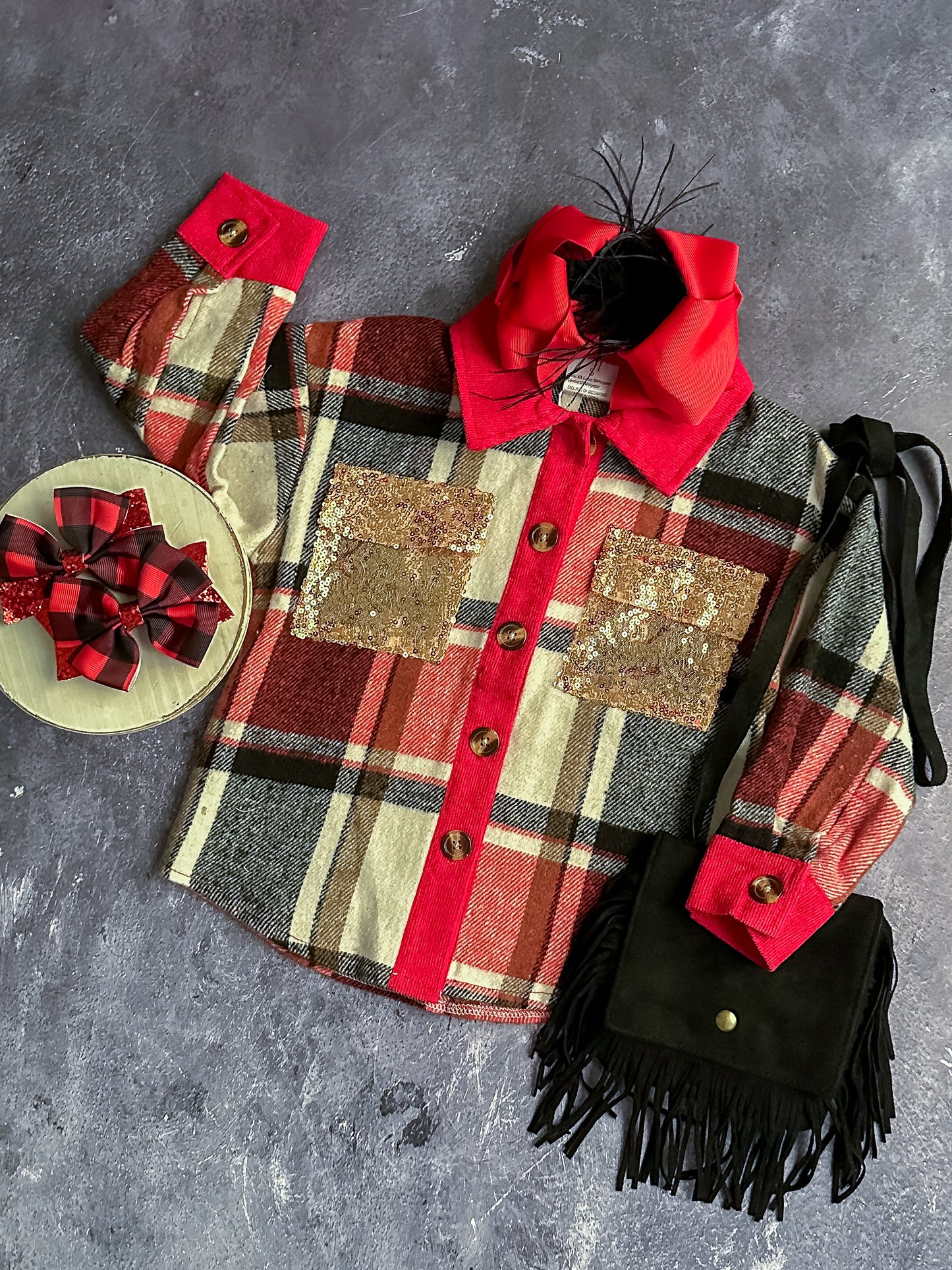 Matching mommy & me red plaid, long sleeve, button down shackets with sequin pockets - Girls