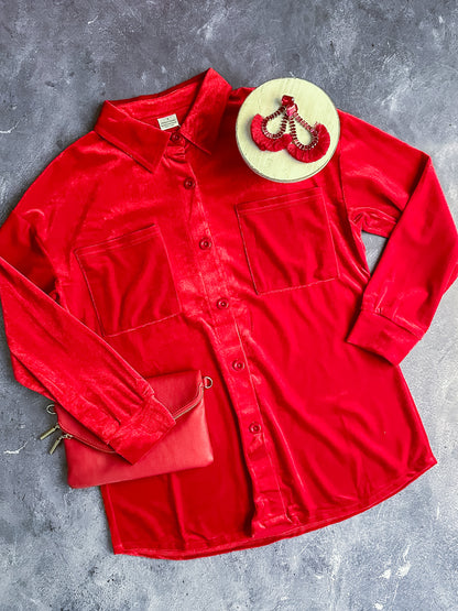 adult size red velvet button down long sleeve shirt