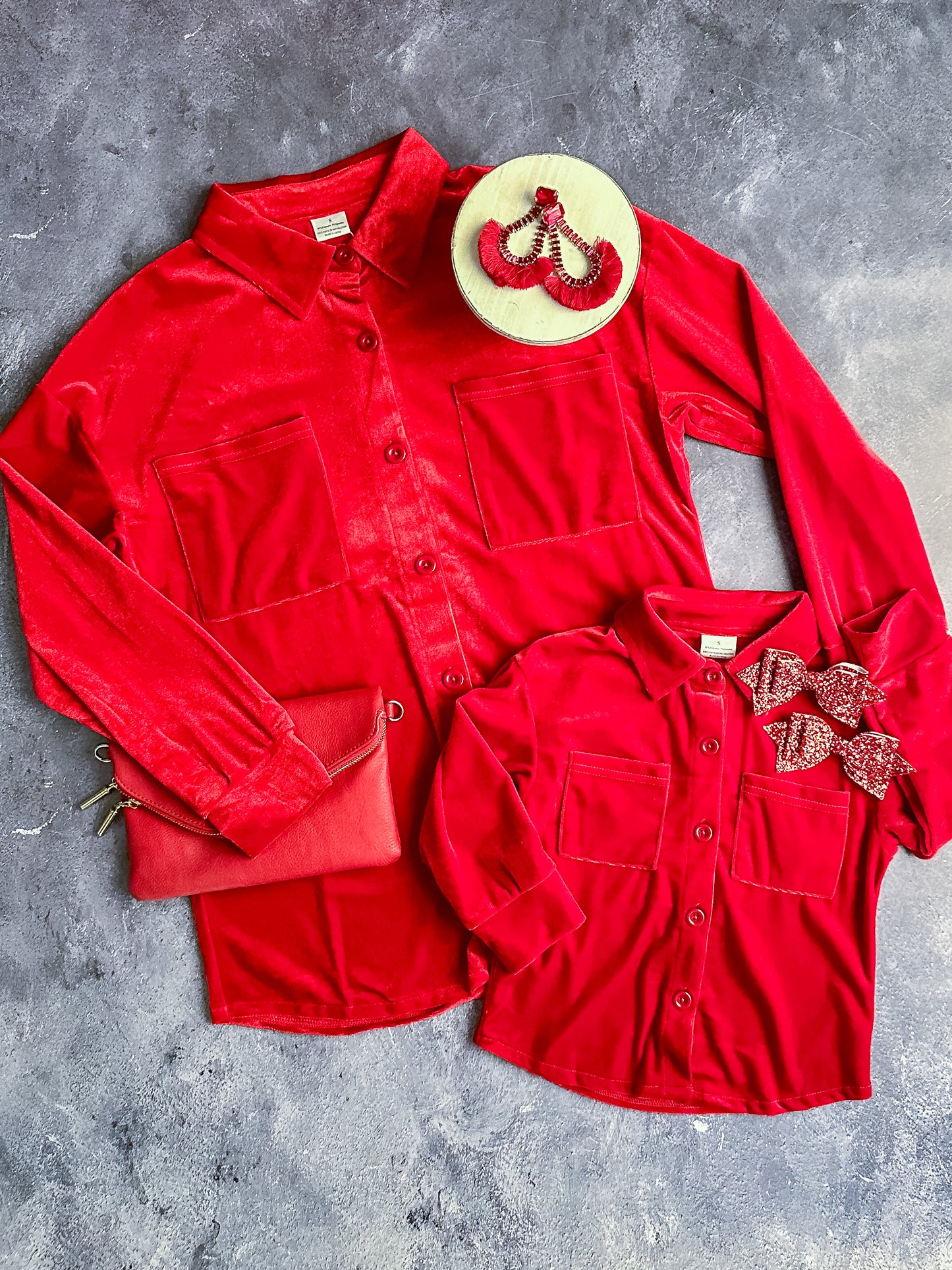 mommy & me red velvet button downs in adult and child sizes