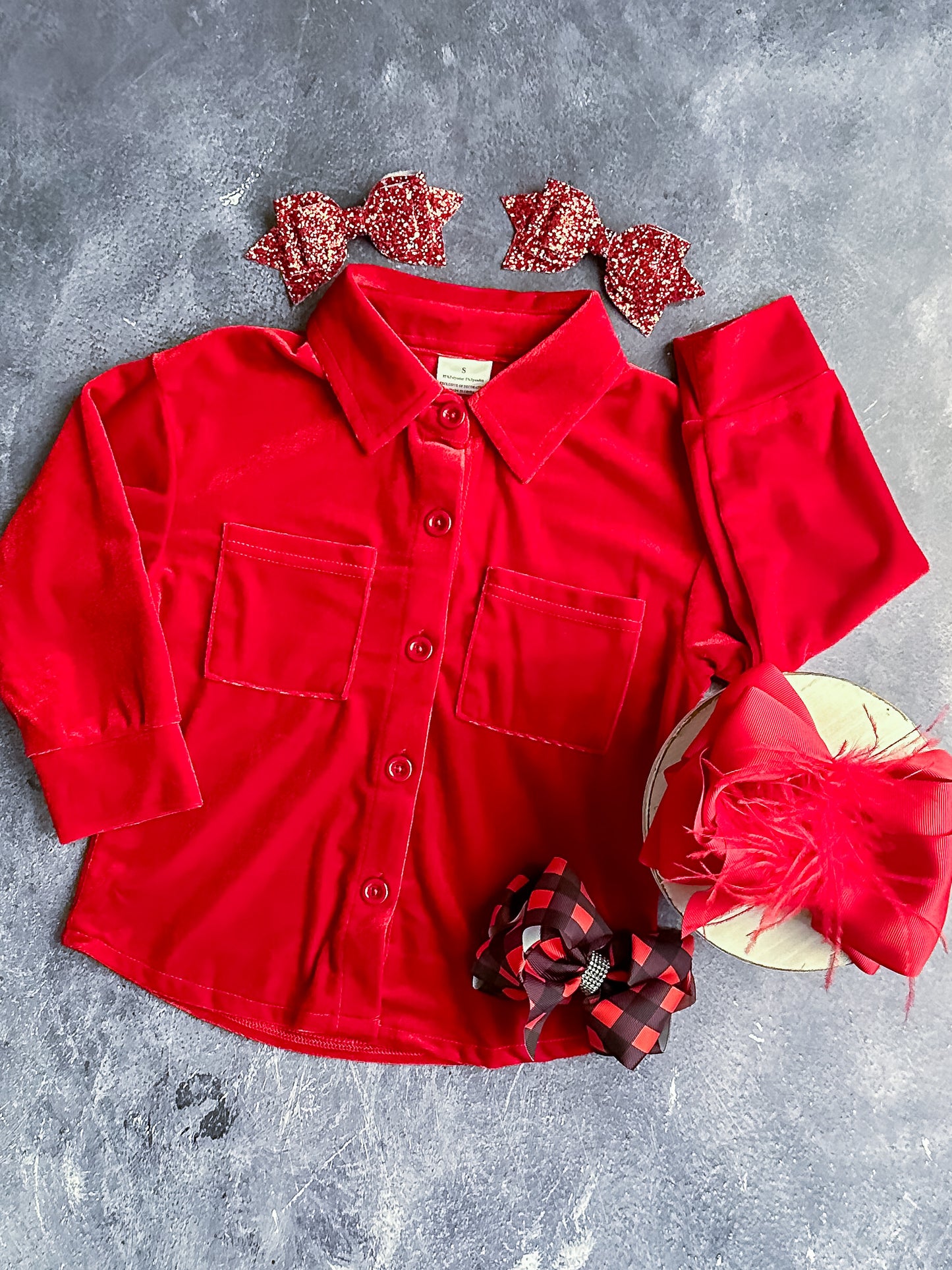 child size red velvet button down long sleeve shirt