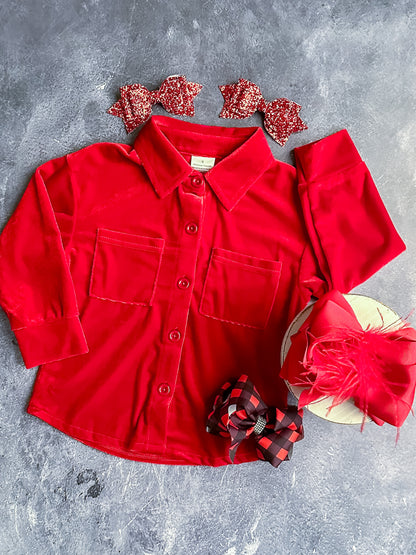 child size red velvet button down long sleeve shirt