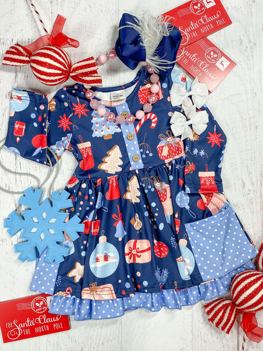 Long sleeve blue twirl dress with a festive Christmas print