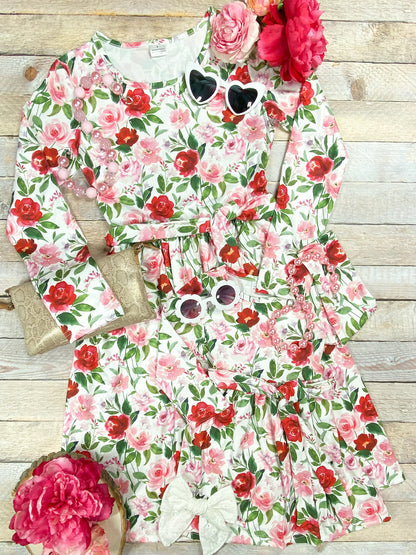 White, Green & Red Rose Floral Print Dress.