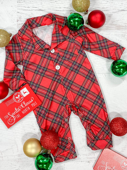 Infant boys romper in classic red plaid