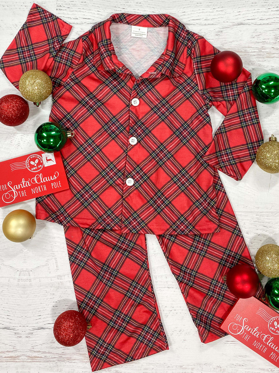 Classic red pajama set with a long sleeve button down top and pants