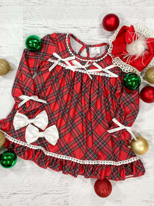 Red plaid nightgown with long sleeves and white trim detailing.