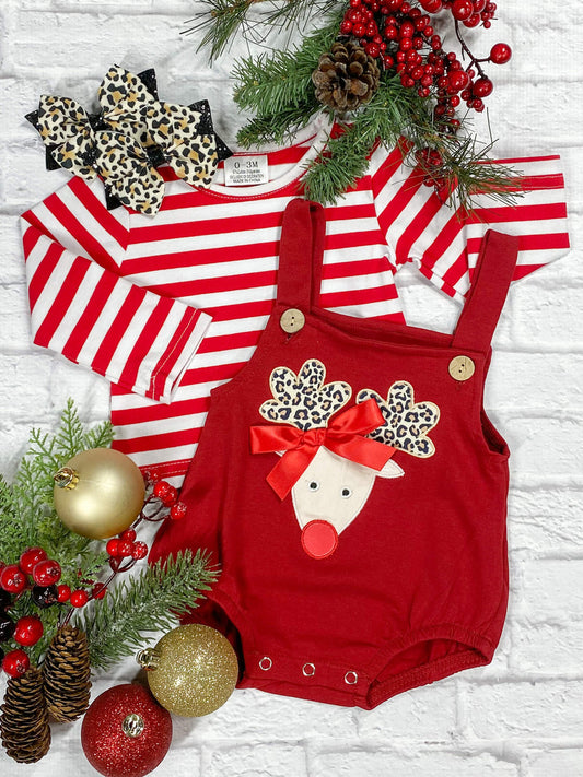 Red infant jumper onesie with a reindeer applique and a coordinating red and white striped long sleeve shirt