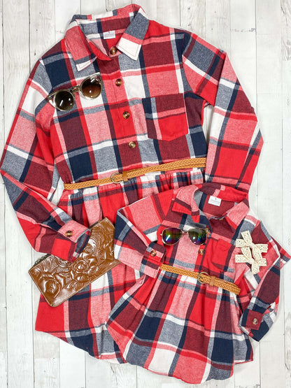 Red & Black Plaid Girls Belted Dress