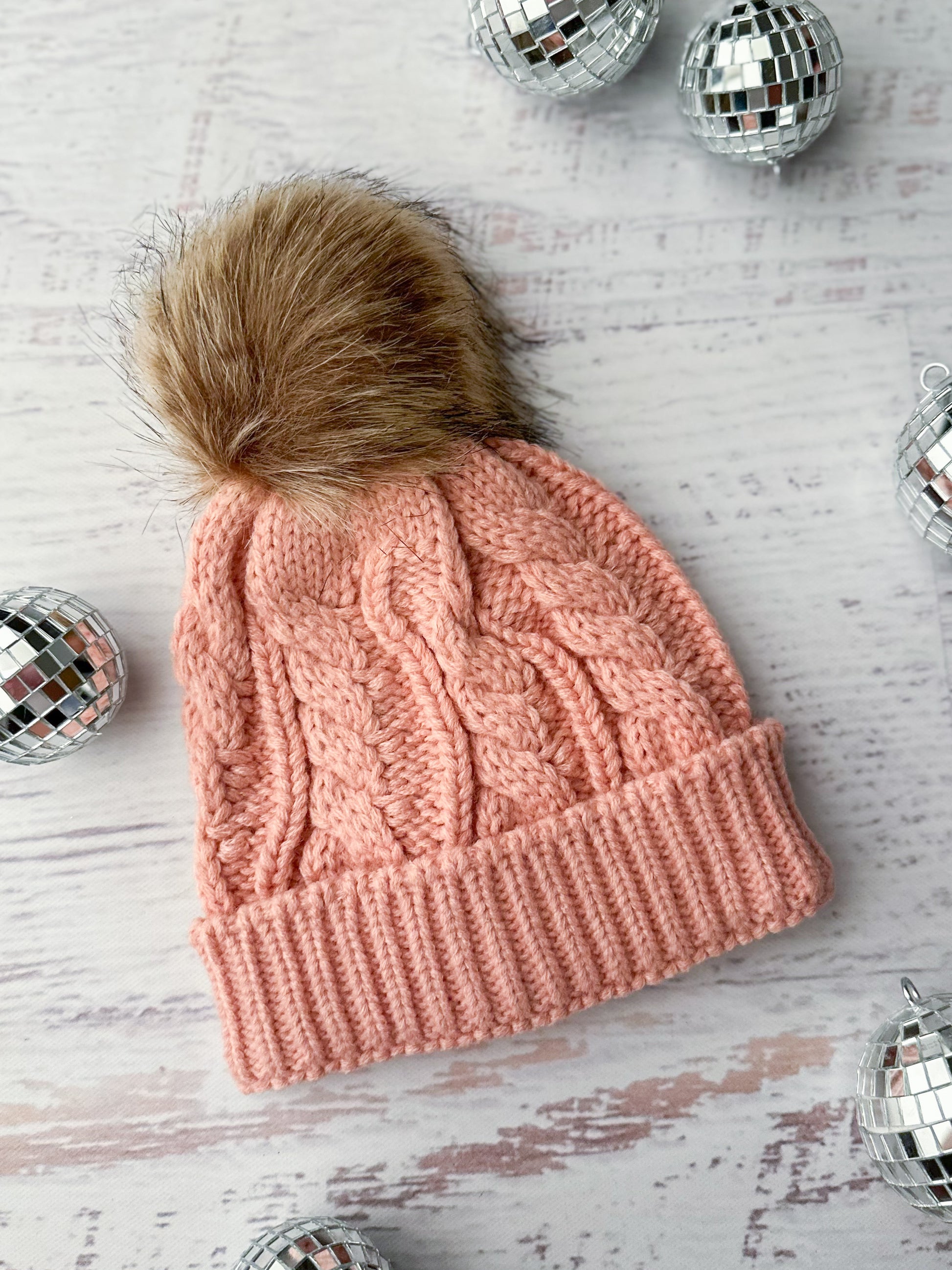 Matching mommy & me knit beanies in light pink with brown fur top knots - Girls