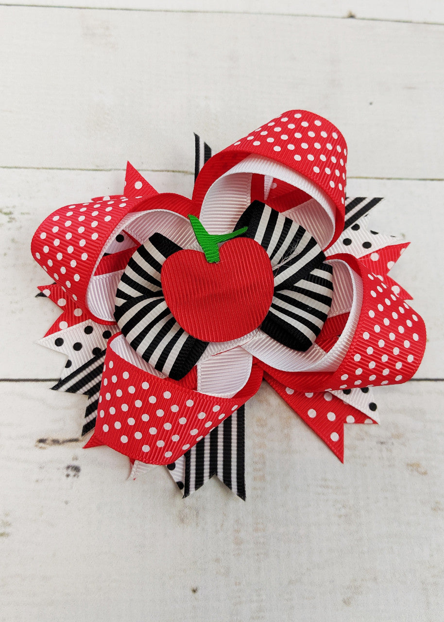 Red, black, and white mixed polka dots and stripes layered hair bow with apple ribbon center. A perfect Back to School hair bow for girls!