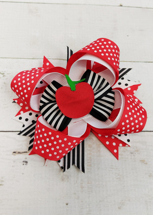 Red, black, and white mixed polka dots and stripes layered hair bow with apple ribbon center. A perfect Back to School hair bow for girls!