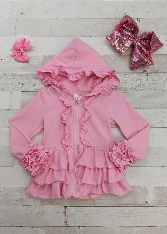 Pink zip front hoodie jacket for girls with ruffles on the hood, front, and icing ruffled sleeves. This ruffled hoodie is perfect for layering with our girls outfits and shirts.