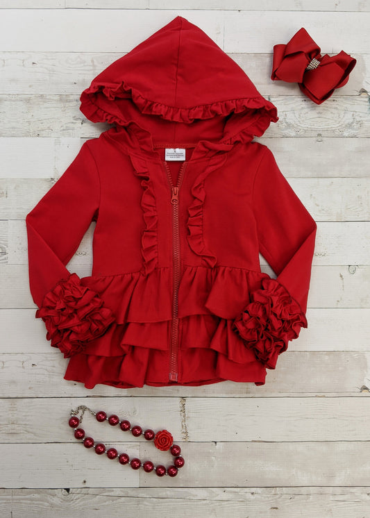Red zip front hoodie jacket for girls with ruffles on the hood, front, and icing ruffled sleeves. This ruffled hoodie is perfect for layering with our girls outfits and shirts.