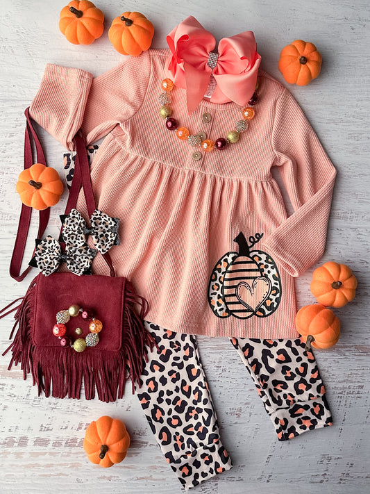 Long sleeve pink babydoll top with pumpkin design and matching leopard leggings