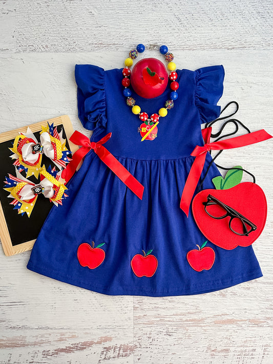 blue ruffle-sleeve twirl dress with red apples and ribbons