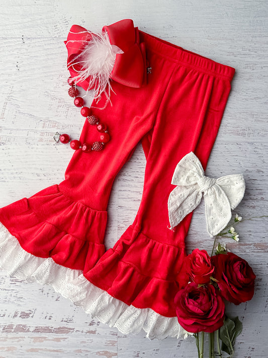 Red Lace Trimmed Velvet Leggings