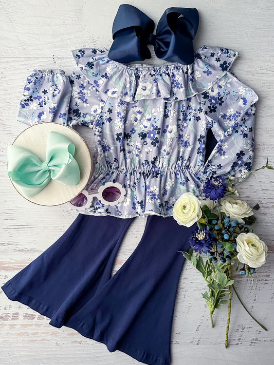 Long sleeve flounce neck floral top in blue hues with solid blue flare bottoms