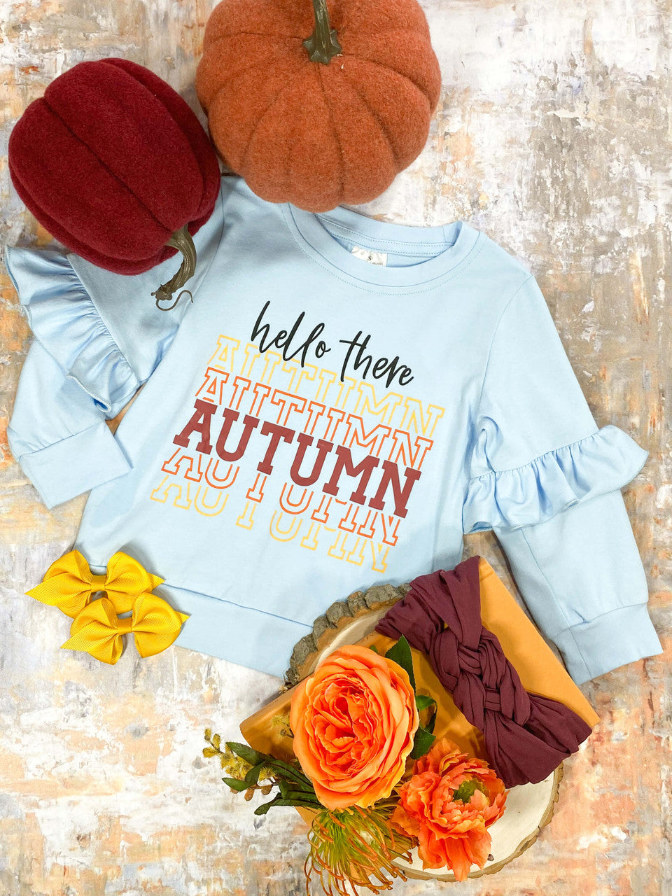 Long sleeve ruffle top with Hello Autumn design