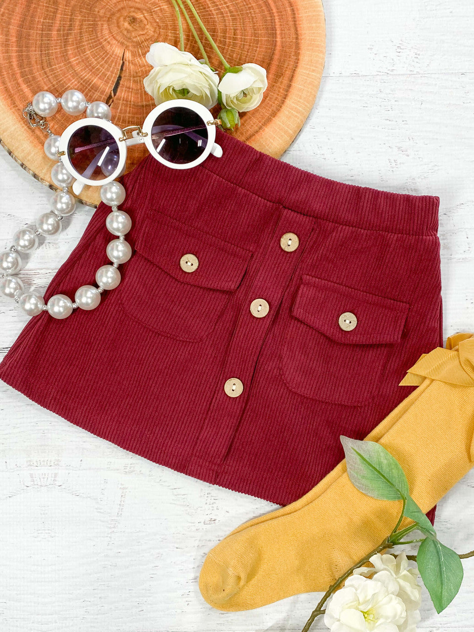 Maroon button down skirt with pocket detailing