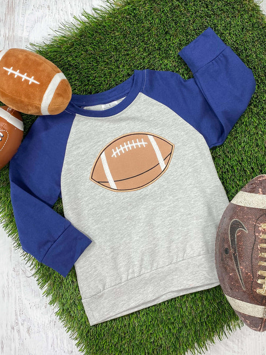Raglan style top with navy sleeves and a grey bodice with a football applique design
