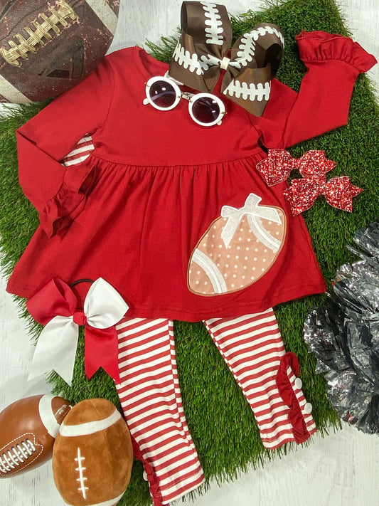 Red long sleeve top with football applique at the corner with red and white striped pants