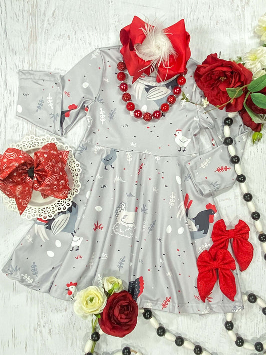 Grey twirl dress with grey and red chicken print