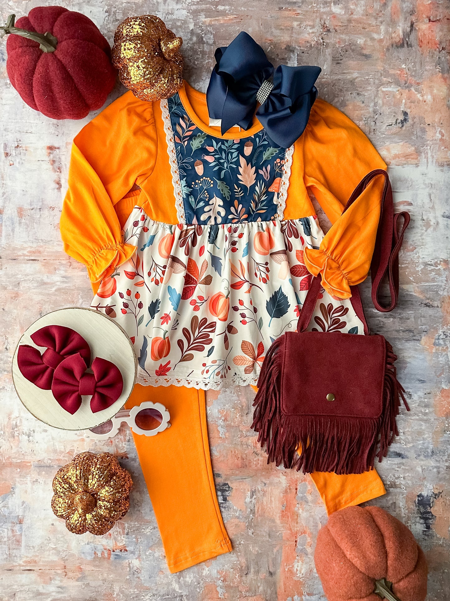 Long sleeve orange tunic top with autumn fabrics and lace detailing and solid orange leggings