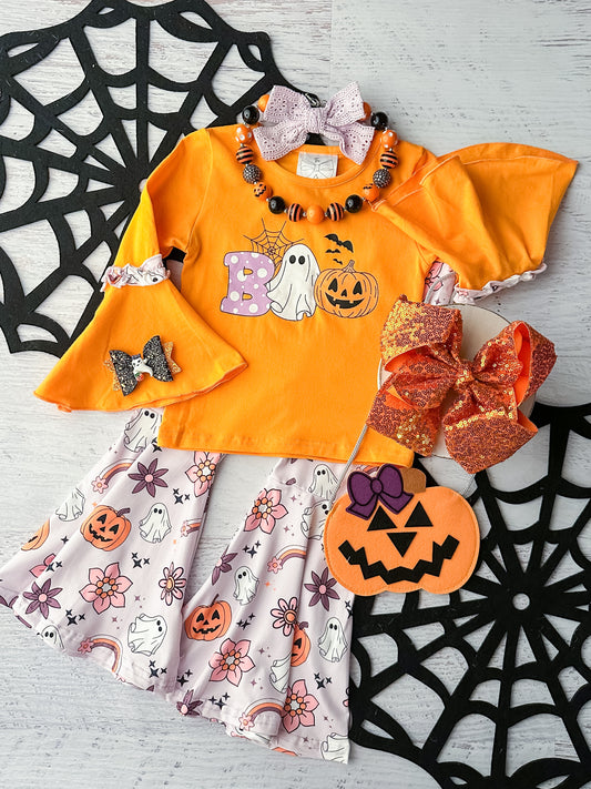 Orange bell sleeve top with cute BOO design and coordinating purple bell bottoms with halloween print.