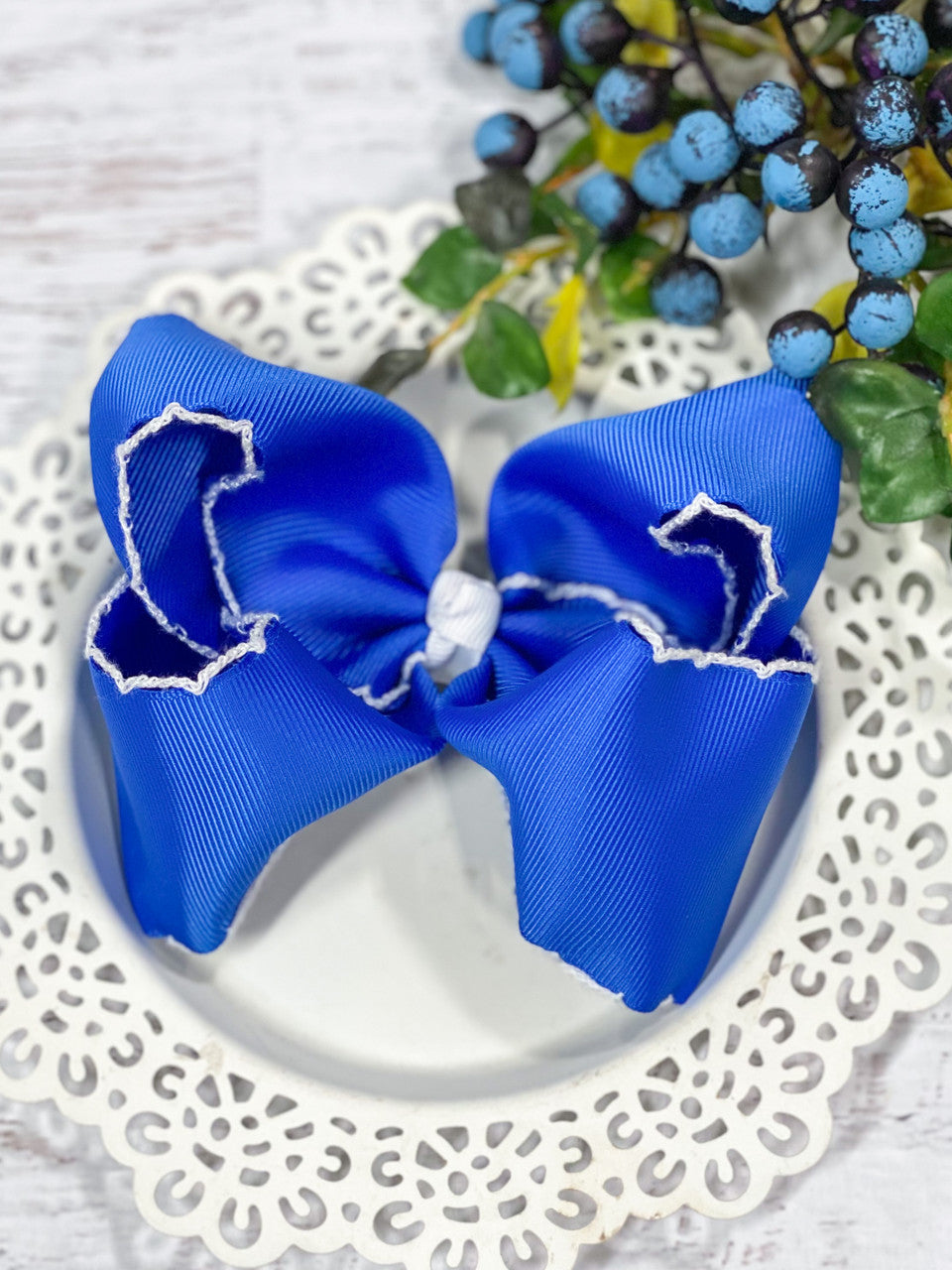 Moonstitch Hair Bow in Royal Blue & White