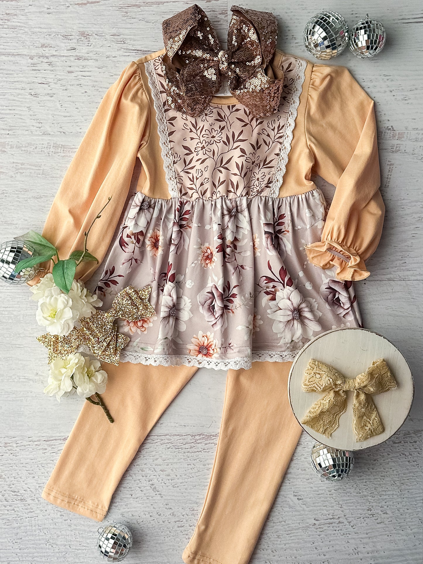 Golden yellow long sleeve tunic top and leggings set with lace detailing and brown and tan floral print fabric.