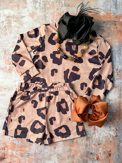 girls animal print pjs top and shorts set