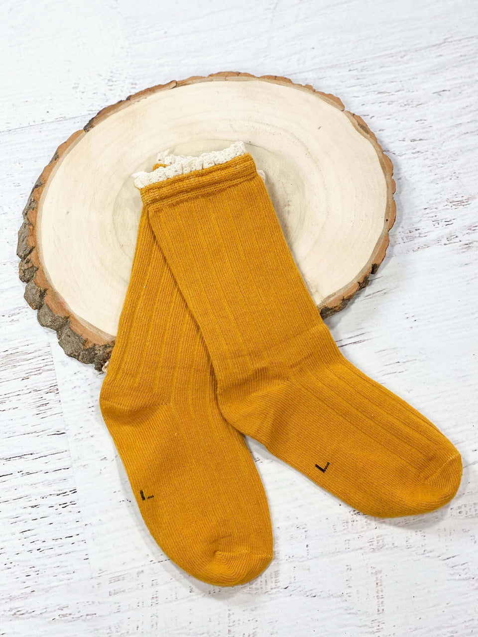 Lace trimmed socks in mustard
