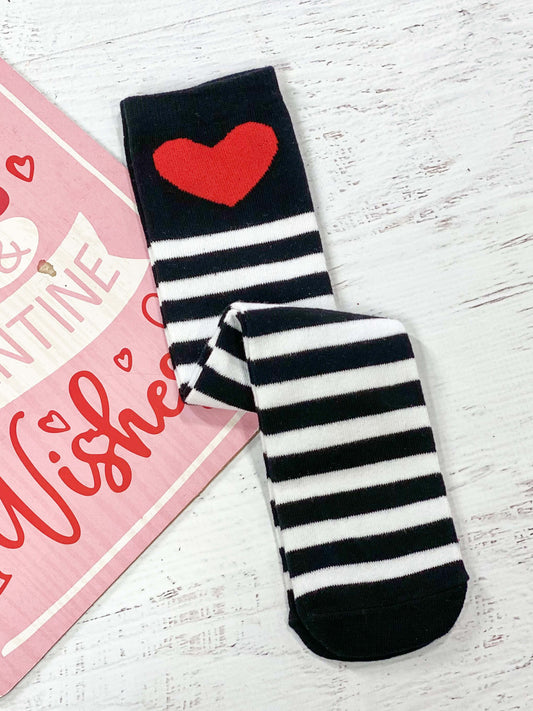 Girls Valentine's Day black stripe tube socks with red hearts. Perfect for pairing with outfits and dresses!