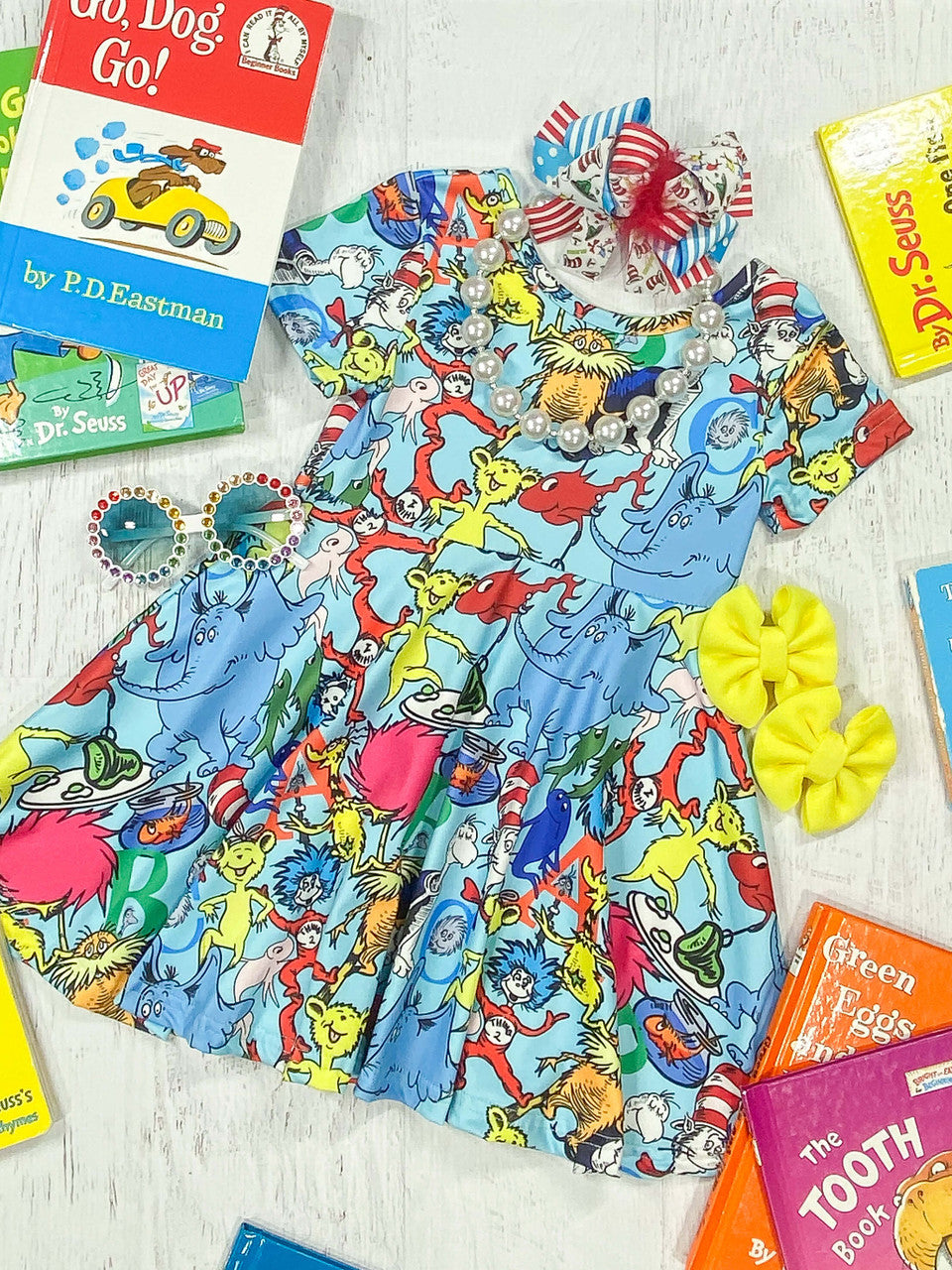 Blue Twirl Dress With Dr. Seuss Characters.