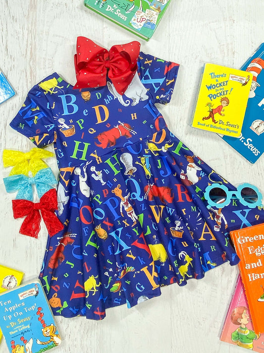 Blue Twirl Dress With Dr. Seuss Characters & ABC letters.