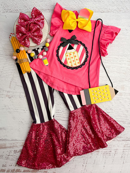 Back to school pink pencil top with black & white striped bell bottoms with pink sequin bell